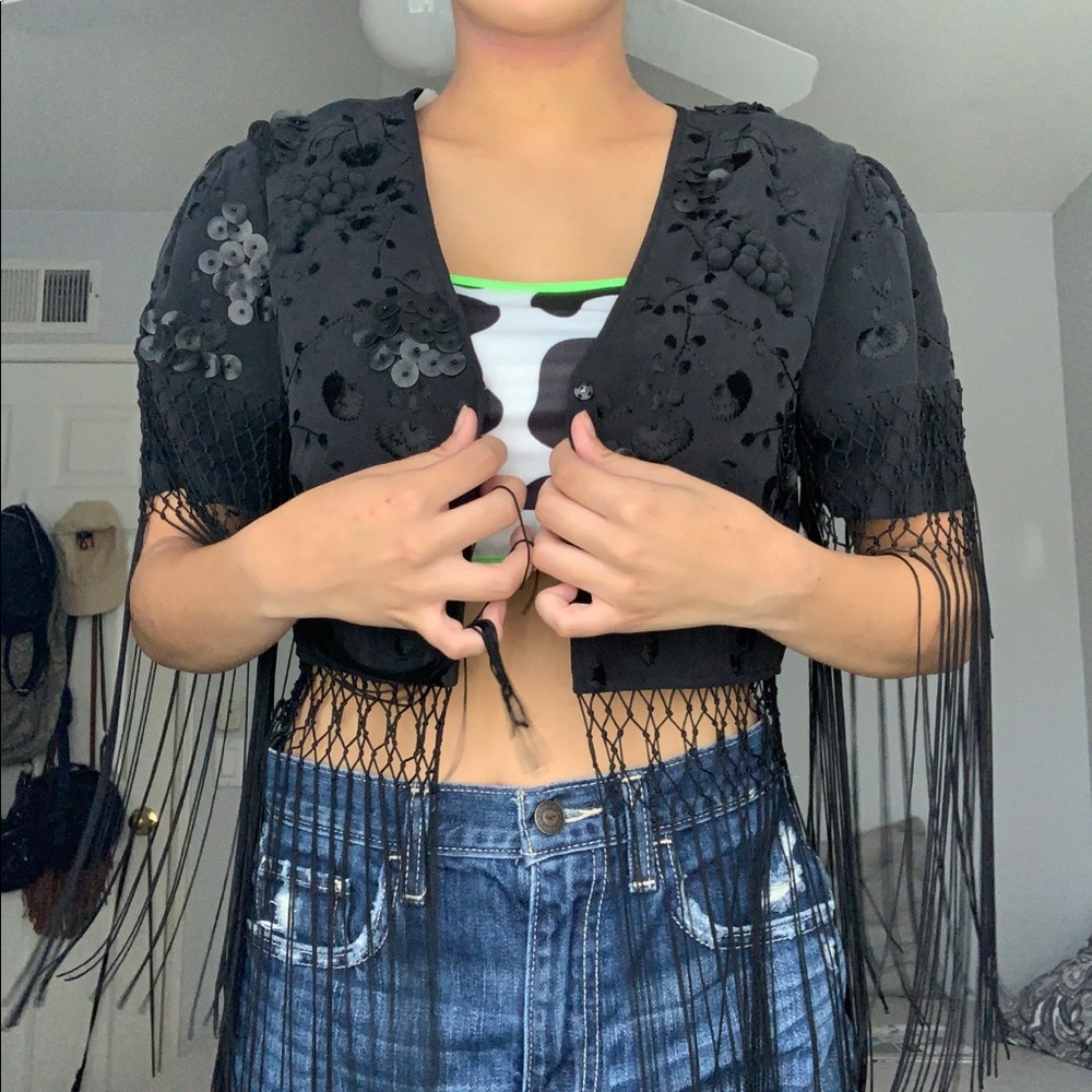 Fringe cropped short sleeve coat